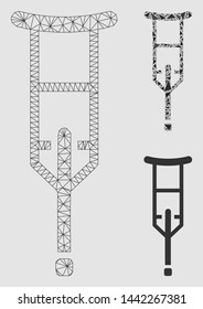 Mesh crutch model with triangle mosaic icon. Wire carcass polygonal mesh of crutch. Vector composition of triangle elements in different sizes and color tints.