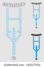 Mesh crutch model with triangle mosaic icon. Wire carcass triangular mesh of crutch. Vector mosaic of triangles in various sizes and color shades. Abstract 2d mesh built from triangles.