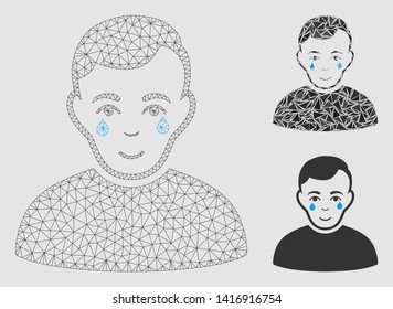 Mesh crying boy model with triangle mosaic icon. Wire frame triangular mesh of crying boy. Vector collage of triangle elements in variable sizes and color tinges.