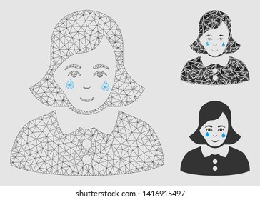 Mesh crying woman model with triangle mosaic icon. Wire carcass polygonal mesh of crying woman. Vector mosaic of triangle parts in variable sizes and color tints.