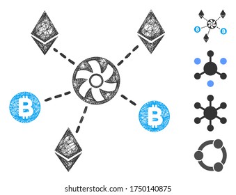 Mesh cryptocurrency blender rotor web 2d vector illustration. Model is based on cryptocurrency blender rotor flat icon. Net forms abstract cryptocurrency blender rotor flat model.