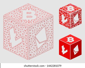 Mesh cryptocurrency dice model with triangle mosaic icon. Wire frame triangular network of cryptocurrency dice. Vector collage of triangle elements in various sizes and color shades.