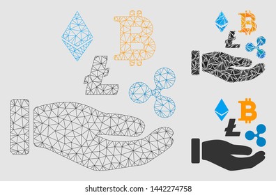 Mesh cryptocurrency investment hand model with triangle mosaic icon. Wire carcass polygonal mesh of cryptocurrency investment hand.