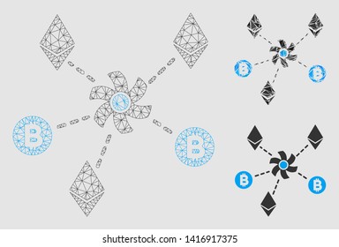 Mesh cryptocurrency mixer rotor model with triangle mosaic icon. Wire carcass polygonal mesh of cryptocurrency mixer rotor. Vector mosaic of triangle parts in different sizes and color tones.