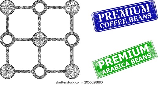 Modelo de nodos de rejilla de cristal de malla, y sellos de textura rectangulares azules y verdes para el café Premium. La imagen de canal poligonal está diseñada con pictograma de nodos de rejilla de cristal.