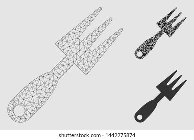 Mesh cultivator rake model with triangle mosaic icon. Wire frame triangular mesh of cultivator rake. Vector mosaic of triangle parts in variable sizes and color tints.
