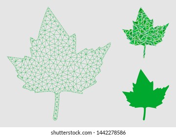 Mesh currant leaf model with triangle mosaic icon. Wire carcass polygonal network of currant leaf. Vector mosaic of triangle parts in variable sizes and color hues.