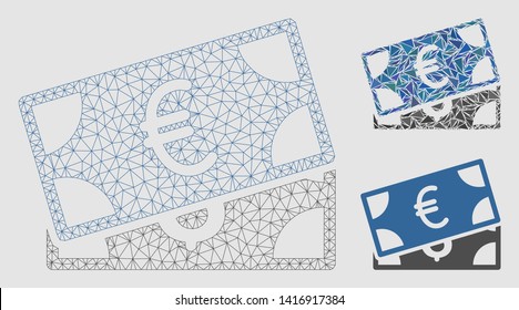 Mesh currency banknotes model with triangle mosaic icon. Wire carcass triangular mesh of currency banknotes. Vector mosaic of triangles in various sizes and color tinges.