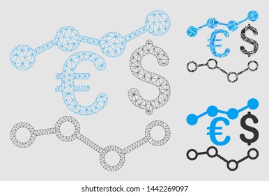 Mesh currency charts model with triangle mosaic icon. Wire carcass triangular mesh of currency charts. Vector mosaic of triangles in variable sizes and color tinges.