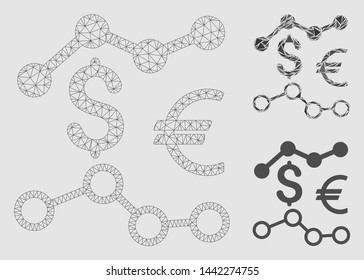 Mesh currency charts model with triangle mosaic icon. Wire frame triangular network of currency charts. Vector mosaic of triangle parts in different sizes and color tones.