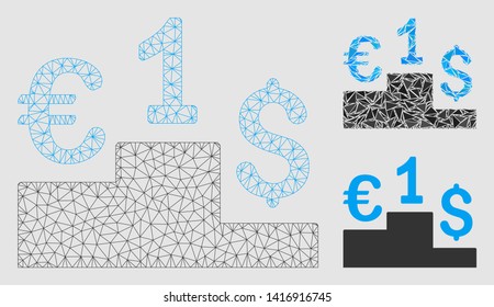 Mesh currency competition model with triangle mosaic icon. Wire carcass polygonal mesh of currency competition. Vector mosaic of triangle elements in different sizes and color hues.