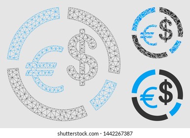 Mesh currency diagram model with triangle mosaic icon. Wire carcass triangular mesh of currency diagram. Vector mosaic of triangle elements in variable sizes and color tinges.