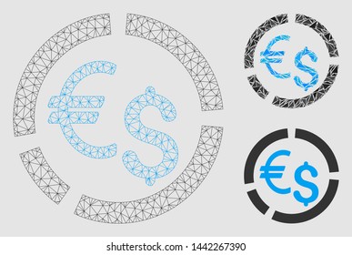 Mesh currency diagram model with triangle mosaic icon. Wire frame triangular network of currency diagram. Vector collage of triangle parts in different sizes and color shades.