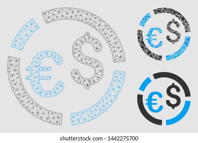 Mesh currency diagram model with triangle mosaic icon. Wire frame triangular mesh of currency diagram. Vector mosaic of triangles in different sizes and color tinges.