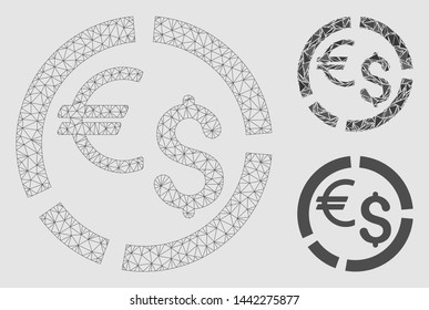 Mesh currency diagram model with triangle mosaic icon. Wire frame triangular mesh of currency diagram. Vector mosaic of triangle elements in various sizes and color tints.