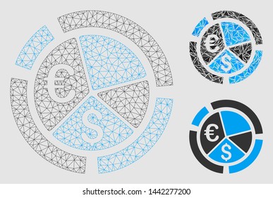 Mesh currency diagram model with triangle mosaic icon. Wire frame triangular network of currency diagram. Vector mosaic of triangle elements in different sizes and color shades.