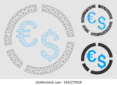Mesh currency diagram model with triangle mosaic icon. Wire carcass triangular mesh of currency diagram. Vector composition of triangle elements in different sizes and color tinges.