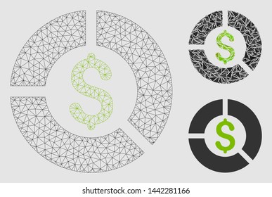 Mesh currency diagram model with triangle mosaic icon. Wire frame polygonal mesh of currency diagram. Vector mosaic of triangle elements in different sizes and color hues.