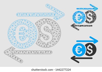 Mesh currency exchange model with triangle mosaic icon. Wire frame polygonal mesh of currency exchange. Vector mosaic of triangle elements in variable sizes and color tones.