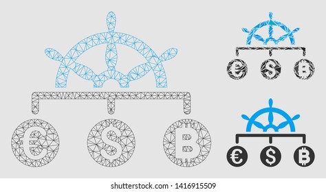 Mesh currency management model with triangle mosaic icon. Wire frame polygonal mesh of currency management. Vector mosaic of triangle parts in various sizes and color tints.