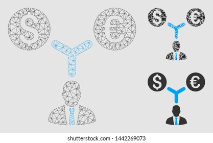 Mesh currency manager model with triangle mosaic icon. Wire frame polygonal mesh of currency manager. Vector mosaic of triangle parts in various sizes and color shades.