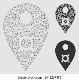 Mesh currency map marker model with triangle mosaic icon. Wire carcass polygonal mesh of currency map marker. Vector mosaic of triangles in variable sizes and color tones.