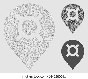 Mesh currency map marker model with triangle mosaic icon. Wire carcass polygonal mesh of currency map marker. Vector composition of triangle elements in different sizes and color tinges.