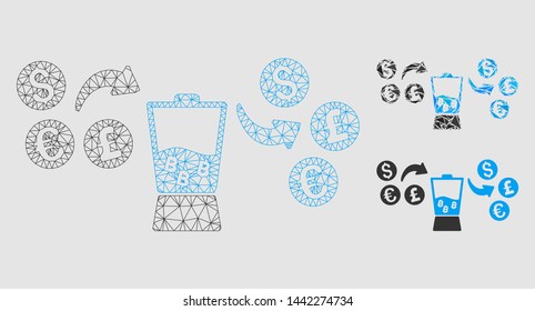 Mesh currency mixer model with triangle mosaic icon. Wire carcass triangular mesh of currency mixer. Vector collage of triangle elements in variable sizes and color tints.
