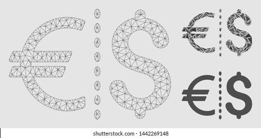 Mesh currency model with triangle mosaic icon. Wire carcass triangular network of currency. Vector mosaic of triangle elements in different sizes and color tints.