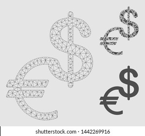 Mesh currency model with triangle mosaic icon. Wire frame triangular network of currency. Vector mosaic of triangle parts in different sizes and color shades.