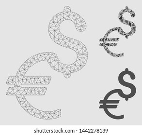 Mesh currency model with triangle mosaic icon. Wire frame triangular network of currency. Vector mosaic of triangle elements in variable sizes and color tones.