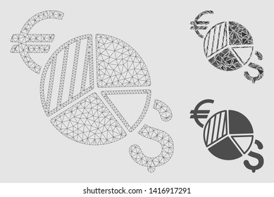 Mesh currency pie chart model with triangle mosaic icon. Wire frame polygonal mesh of currency pie chart. Vector mosaic of triangle parts in various sizes and color tinges.