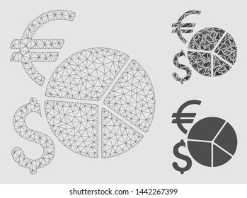 Mesh currency pie chart model with triangle mosaic icon. Wire carcass triangular network of currency pie chart. Vector mosaic of triangle elements in various sizes and color tints.
