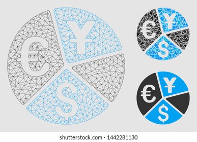 Mesh currency pie chart model with triangle mosaic icon. Wire carcass polygonal mesh of currency pie chart. Vector composition of triangle parts in variable sizes and color shades.