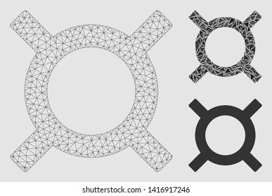 Mesh currency symbol model with triangle mosaic icon. Wire frame polygonal mesh of currency symbol. Vector mosaic of triangle parts in various sizes and color hues.