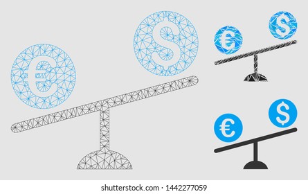 Mesh currency trade swing model with triangle mosaic icon. Wire frame polygonal network of currency trade swing. Vector composition of triangle elements in variable sizes and color shades.
