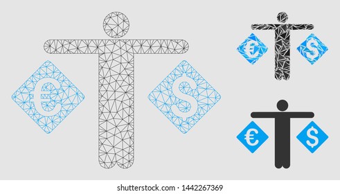 Mesh currency trader model with triangle mosaic icon. Wire carcass triangular mesh of currency trader. Vector collage of triangle parts in various sizes and color tints.