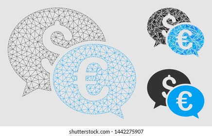 Mesh currency transactions model with triangle mosaic icon. Wire carcass triangular mesh of currency transactions. Vector mosaic of triangle parts in various sizes and color tones.