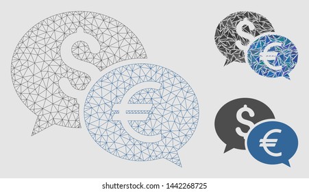 Mesh currency transfer chat model with triangle mosaic icon. Wire carcass triangular network of currency transfer chat. Vector mosaic of triangles in various sizes and color tones.