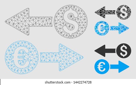 Mesh currency transfers model with triangle mosaic icon. Wire frame triangular mesh of currency transfers. Vector mosaic of triangle elements in different sizes and color shades.