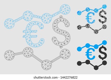 Mesh currency trends model with triangle mosaic icon. Wire carcass triangular mesh of currency trends. Vector composition of triangle parts in different sizes and color tinges.