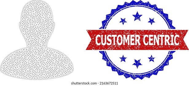 Mesh Kunden-Karkassillustration und bicolor schmutzigen Customer Centric Siegel Stempel. Mesh Carcass Illustration basierend auf Kundenpiktogramm.