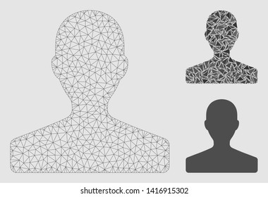 Mesh customer model with triangle mosaic icon. Wire frame triangular mesh of customer. Vector mosaic of triangle parts in different sizes and color tones.