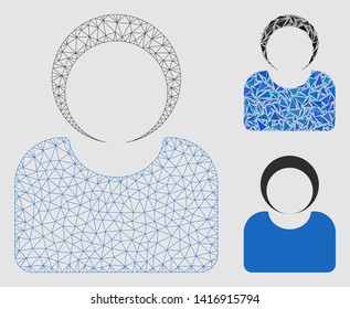 Mesh customer model with triangle mosaic icon. Wire carcass triangular mesh of customer. Vector mosaic of triangle elements in different sizes and color tones.