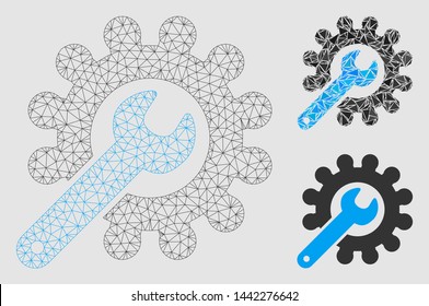 Mesh customization tools model with triangle mosaic icon. Wire frame polygonal mesh of customization tools. Vector mosaic of triangle parts in different sizes and color tinges.