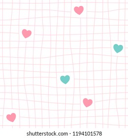Mesh And Cute Heart Shape Seamless Pattern. Hand Drawn Pink Grid Line Background, Pink And Turquoise. Vector Illustration.