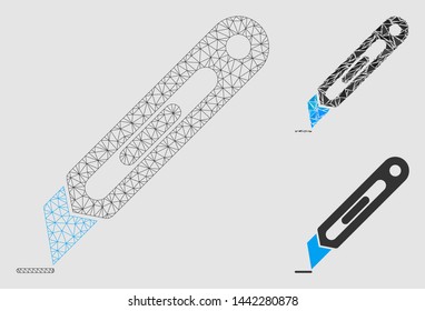 Mesh cutter model with triangle mosaic icon. Wire frame triangular mesh of cutter. Vector mosaic of triangle parts in different sizes and color tints. Abstract 2d mesh created from triangular lines.