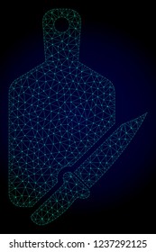 Mesh cutting board and knife polygonal illustration. Abstract mesh lines, triangles and points on dark background with cutting board and knife.