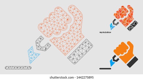 Mesh cutting hand model with triangle mosaic icon. Wire carcass polygonal network of cutting hand. Vector mosaic of triangle parts in various sizes and color tints.