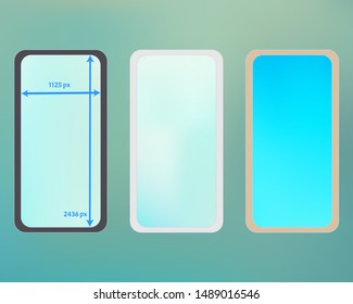 Mesh, cyan colored phone backgrounds kit. Plain backdrop. Recent separated groups, easy to edit EPS. Ordinary screen design set, isolated background. 2436x1125 ratio.